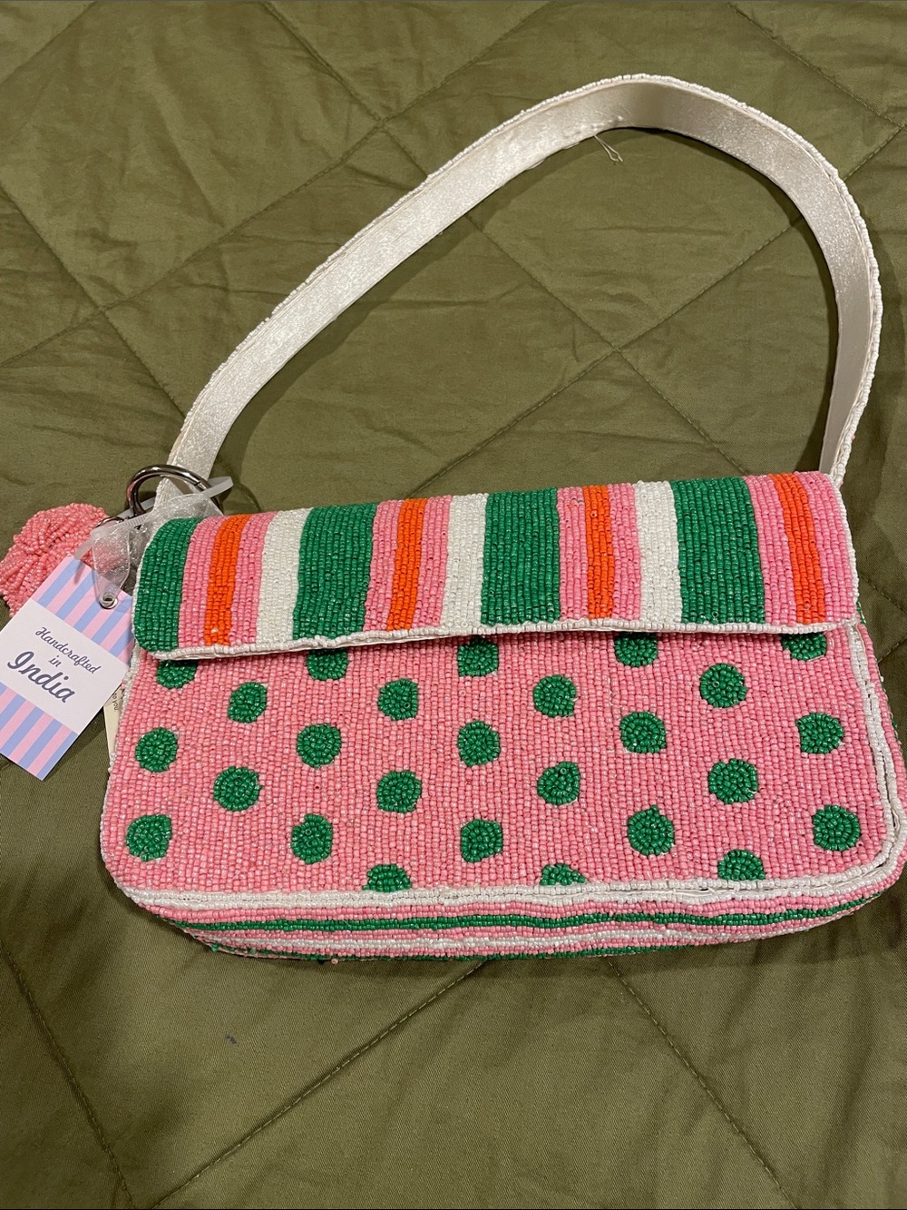 Handmade Pink & Green Beaded Shoulder Bag